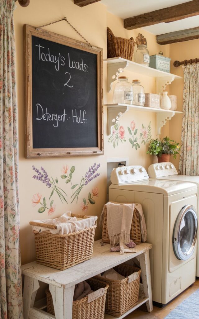 A photo of a cozy, sunlit laundry room styled in warm cottagecore aesthetics. A vintage wooden-framed chalkboard hangs on the wall above a rustic whitewashed bench. The chalkboard is handwritten with charming notes like "Today's Loads: 2" and "Detergent: Half Full," using soft white chalk. Surrounding the board are dried lavender bundles, floral decals, and open shelves with labeled glass jars. The washer and dryer are in soft cream tones, with wicker baskets and linen cloths neatly arranged. Wooden beams, floral curtains, and potted plants complete the idyllic, countryside feel.
