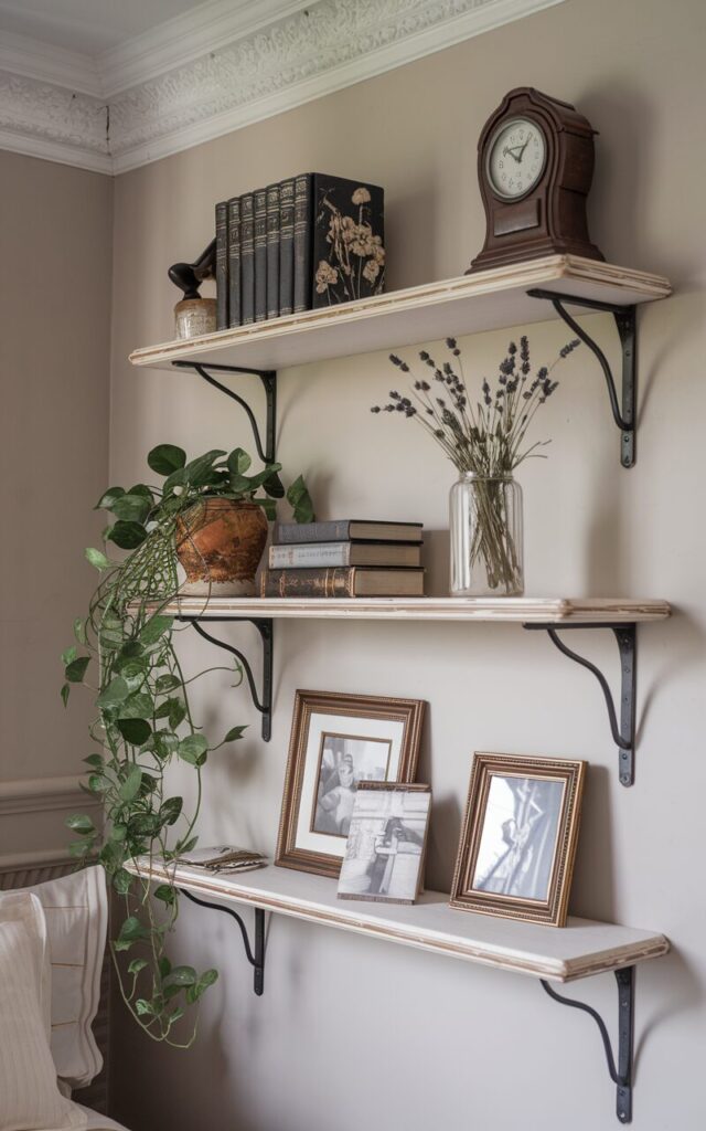 A photo of a cozy vintage-meets-transitional bedroom with a neutral color palette and elegant moldings. Above the bed or beside it, two to three wooden floating shelves are mounted on the wall in an antique white finish with black brackets. The shelves are styled with a thoughtful mix of items: a few hardbound classic novels, a trailing pothos plant in a ceramic pot, and a petite glass vase holding dried lavender or fresh wildflowers. Framed black-and-white photos and a vintage clock add charm. The overall look is curated but relaxed, blending timeless warmth with a clean, updated layout. Natural light is soft, ambient.