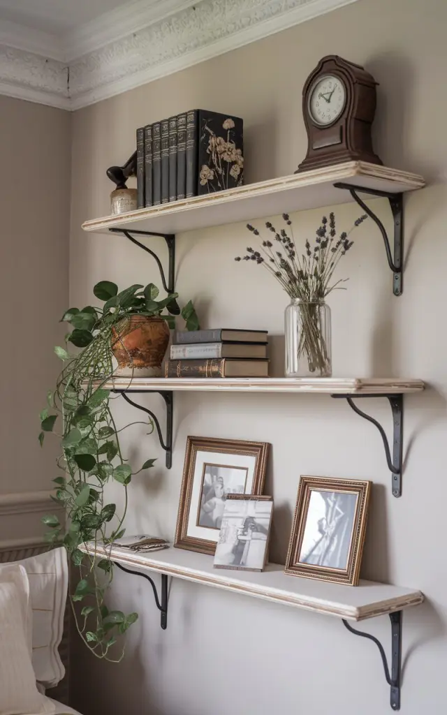 A photo of a cozy vintage-meets-transitional bedroom with a neutral color palette and elegant moldings. Above the bed or beside it, two to three wooden floating shelves are mounted on the wall in an antique white finish with black brackets. The shelves are styled with a thoughtful mix of items: a few hardbound classic novels, a trailing pothos plant in a ceramic pot, and a petite glass vase holding dried lavender or fresh wildflowers. Framed black-and-white photos and a vintage clock add charm. The overall look is curated but relaxed, blending timeless warmth with a clean, updated layout. Natural light is soft, ambient.