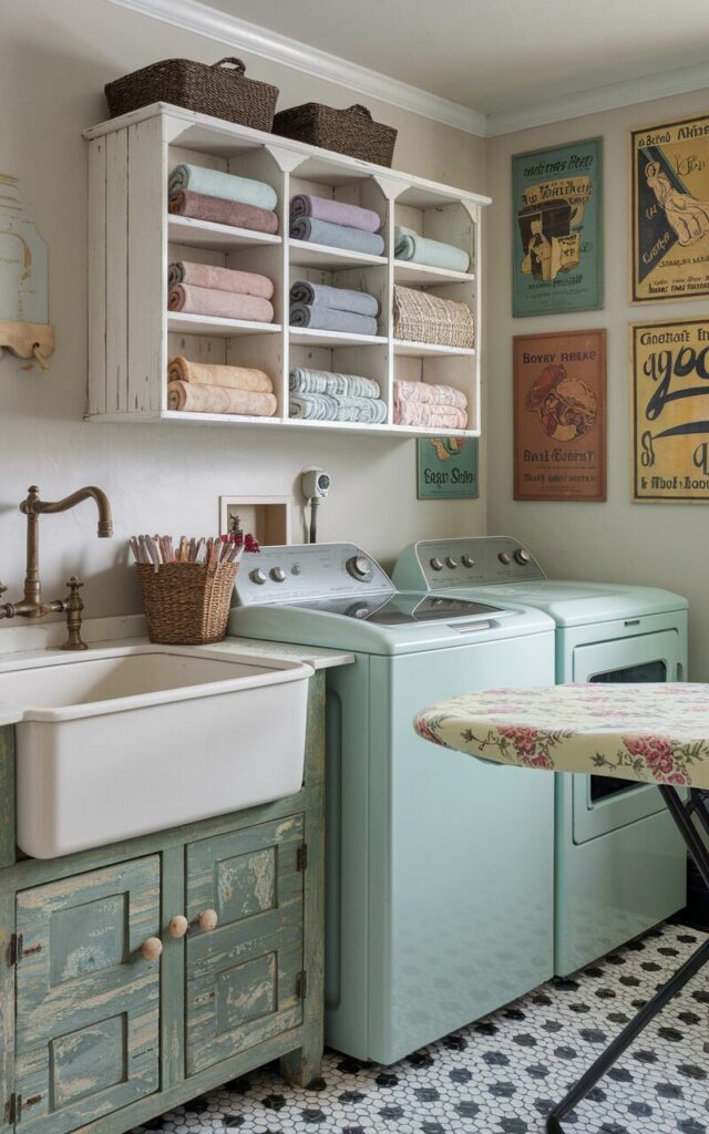 A photo of a vintage-style laundry room with a cozy atmosphere. The room has a white-washed wooden cubby shelf mounted on the wall, filled with rolled-up cleaning cloths in muted tones. There is a top-load washer and front-load dryer in retro pastel mint. The room also includes an antique brass faucet over a deep farmhouse sink and distressed wooden cabinetry with ceramic knobs. A woven basket filled with clothespins sits atop a floral-printed ironing board. The floor has black-and-white checkerboard tiles. Vintage wall art with old detergent ads completes the charming, nostalgic look.