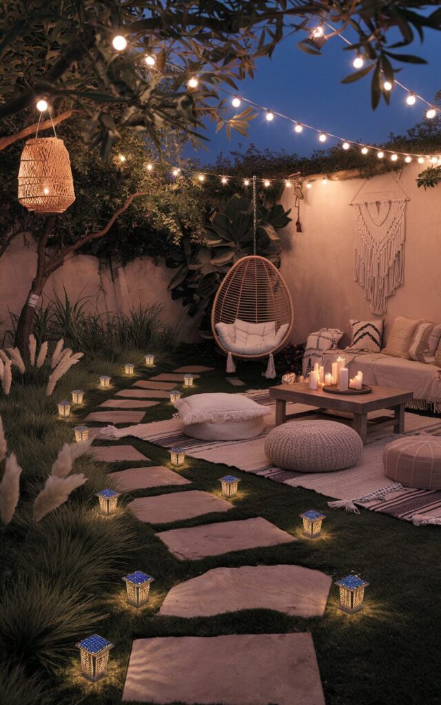 A dreamy Boho backyard at night, softly illuminated by solar lights tucked along a winding garden path made of natural stone. The lights cast a warm golden glow, guiding the way through lush plants and textured grasses. Woven lanterns hang from tree branches, and string lights crisscross above a low-slung seating area filled with layered rugs, floor cushions, and poufs. A rattan egg chair swings gently near a macramé wall hanging, while candles flicker on a rustic wooden coffee table. The atmosphere is magical, cozy, and effortlessly free-spirited.