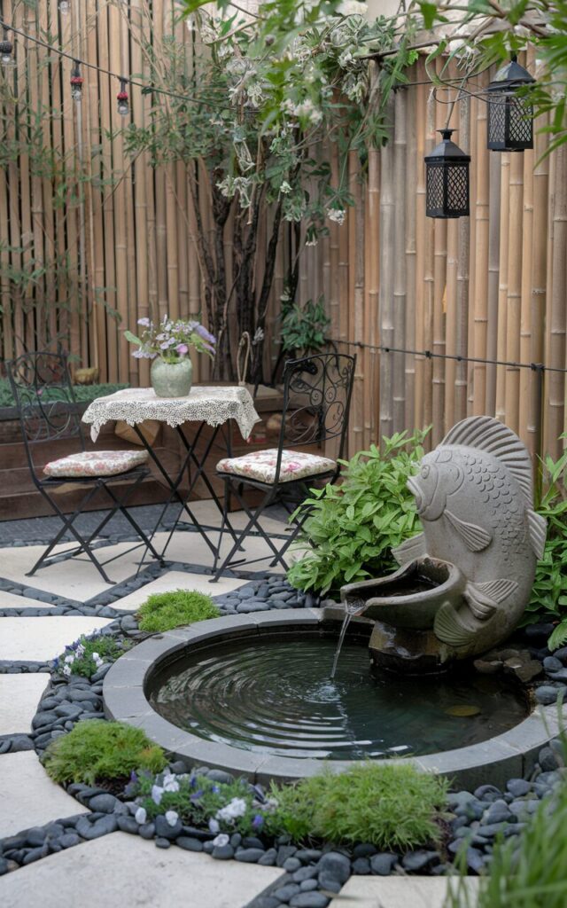 A dreamy backyard blending Asia Zen calm with whimsical Cottagecore flair. A small bubbling water feature flows gently from the mouth of a carved stone fish sculpture. The fountain sits nestled among smooth black pebbles and lush greenery, creating ripples in a shallow basin surrounded by moss and flowering herbs. Nearby, a bamboo fence and hanging lanterns add Zen serenity, while vintage metal chairs with floral cushions and a lace-draped bistro table evoke cottage romance. The entire backyard is a serene, storybook sanctuary—both meditative and magical.