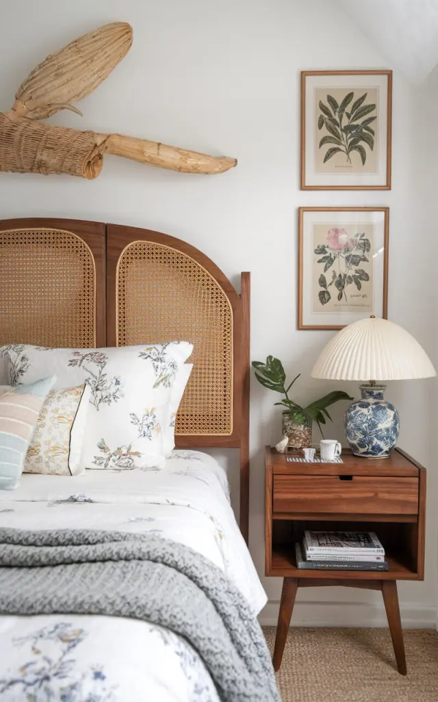 A photo of a dreamy bedroom that blends cottagecore charm with mid-century modern simplicity. The bed features a custom-built headboard made from natural cane panels framed in warm walnut. The woven texture of the cane adds an airy, handcrafted feel, balancing the clean lines of mid-century furniture. The space is styled with floral-print linens, a knitted throw, and vintage botanical prints on the wall. Nearby, a tapered-leg nightstand holds a ceramic lamp and a stack of books. The cane headboard becomes the gentle focal point—nostalgic, earthy, and totally stylish.