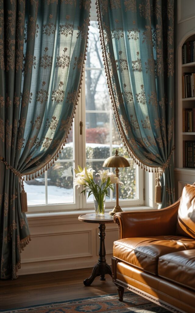 A photograph of luxurious living room, emphasizing a window adorned with intricately embroidered textured curtains. The curtains are a deep teal color with delicate floral patterns and a subtle sheen, partially obscuring the view of a snow-covered garden beyond. A rich, caramel-colored leather couch sits angled towards the window, accented by a small antique wooden side table holding a brass table lamp and a small vase filled with white lilies. Soft, diffused light streams through the curtains, illuminating the warm tones of the hardwood floor and the spines of the books on a nearby built-in bookshelf.