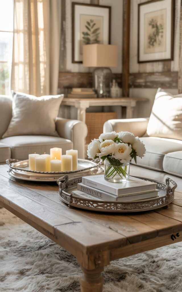 A photograph of a rustic wooden coffee table in a French country style living room, highlighting the arrangement of decorative trays. Two antique silver trays are artfully positioned on the table; one holds a collection of ivory scented candles and a small vase of white peonies, while the other holds a stack of linen-covered coffee table books titled "Provence". The living room features a plush, cream-colored area rug, a classic leather couch in the background, and soft, diffused sunlight streaming through linen curtains, creating a warm and inviting ambiance. Distressed wooden beams and framed botanical prints on the walls complete the scene.