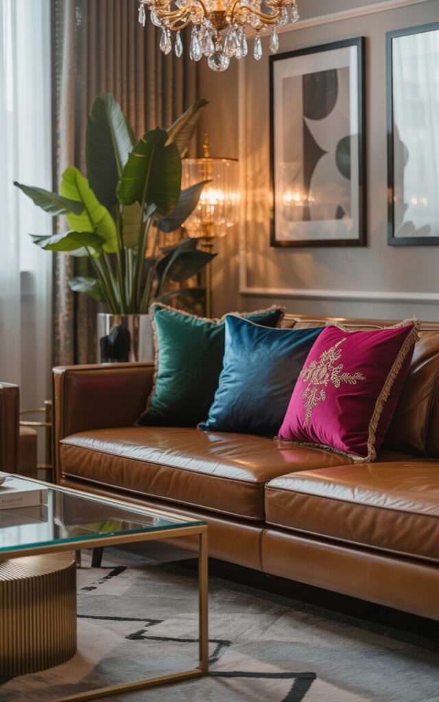 A photograph of a rich brown leather couch dominating a glamorous living room. The couch is adorned with three accent pillows: one emerald green velvet, one sapphire blue silk, and one fuchsia with intricate gold embroidery, arranged artfully for a touch of luxury. A sleek glass coffee table with gold accents sits before the couch, reflecting the warm glow of a crystal chandelier overhead, while a plush geometric rug anchors the space. Soft natural light filters through sheer curtains, illuminating framed modern art on the neutral-toned walls and a tall indoor plant in a glossy black pot.