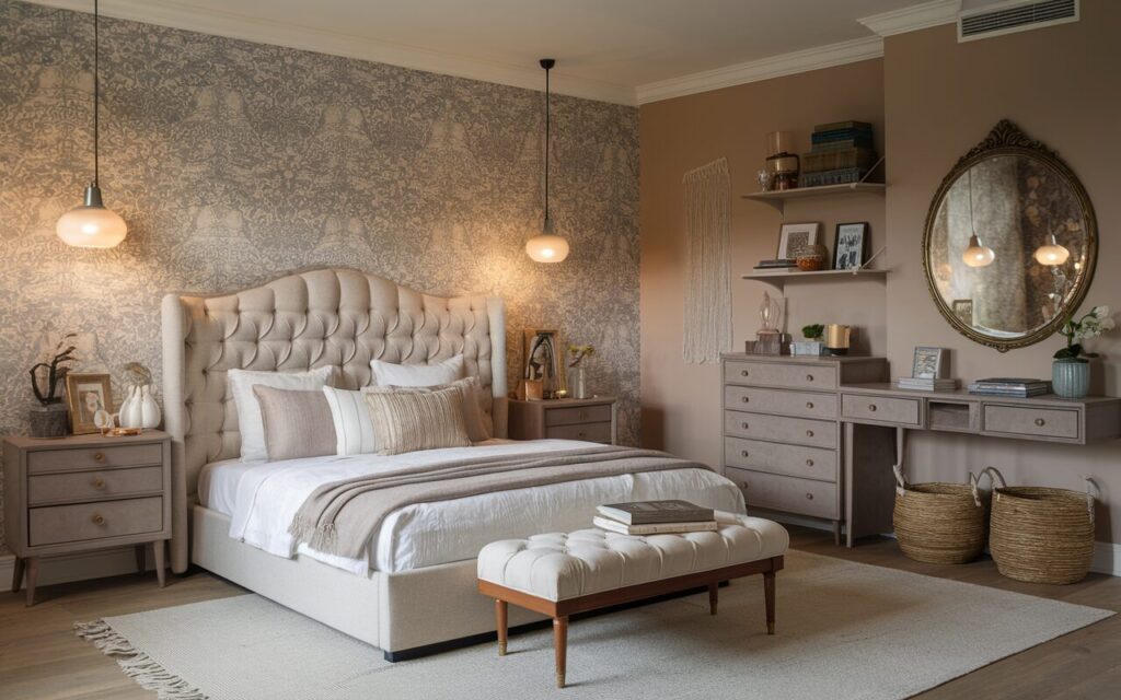 A photo of a fully furnished bedroom with a mid-century design and French country modern style. The room has a tufted linen headboard bed, vintage-inspired nightstands, a vintage mirror, a low dresser, floating shelves, a reading nook, and woven baskets. The walls have muted floral peel-and-stick wallpaper and calming earthy neutral paint. The room has warm lighting from pendant lights and soft sconces.