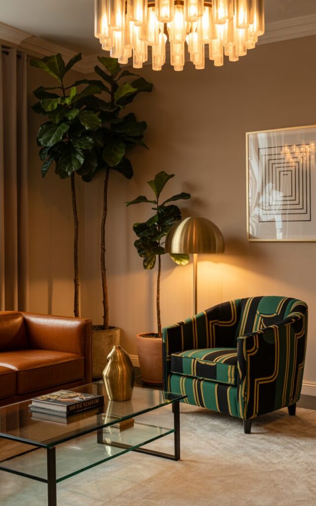A photograph of a luxurious Art Deco living room bathed in the warm glow of a statement chandelier. A plush, emerald green velvet armchair with bold black and gold geometric patterns sits diagonally across from a rich brown leather couch, creating a sophisticated seating arrangement around a sleek glass-topped coffee table holding "The Great Gatsby" and a sculptural brass vase. Tall fiddle-leaf fig trees in terracotta pots stand against a wall adorned with a framed geometric artwork, while a soft, cream-colored area rug anchors the space and a metallic floor lamp provides additional ambient lighting. The overall scene evokes an atmosphere of refined elegance and inviting comfort.