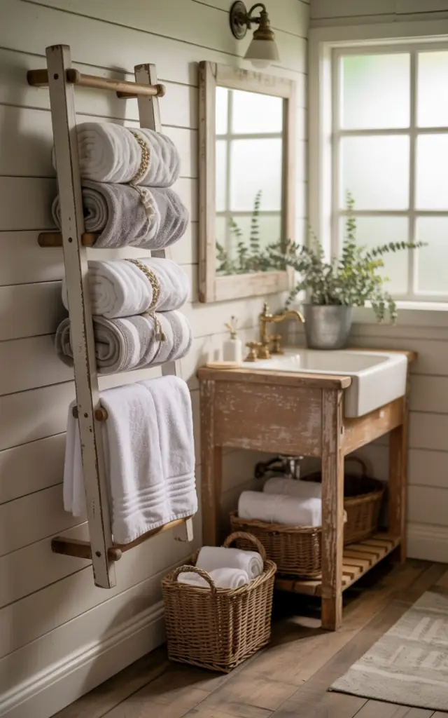A photograph of a charming farmhouse bathroom, focusing on a neatly arranged wall-mounted towel ladder. The ladder is constructed from aged wood and holds several fluffy white and grey rolled towels, arranged in a visually appealing stack. Below the ladder, the weathered wood floor showcases a soft, neutral-toned rug and a couple of woven baskets holding rolled washcloths, while a rustic wooden vanity with a farmhouse sink and vintage brass fixtures sits against the white shiplap walls. Soft, diffused natural light streams through a frosted window, highlighting the potted greenery and creating a warm, inviting atmosphere.
