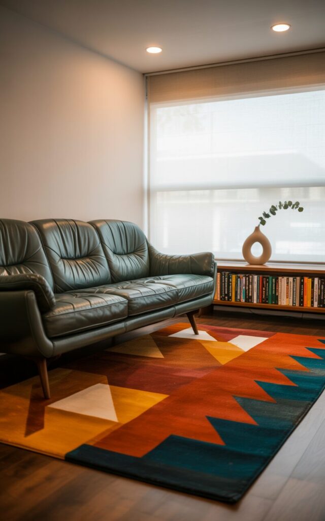 A photograph of a mid-century modern living room, centered on a plush, charcoal grey leather couch with gently sloping arms and tufted detailing. The couch is positioned directly on top of a large, vibrant area rug featuring a bold geometric pattern in shades of burnt orange, mustard yellow, and deep teal, creating a visual anchor for the seating area. A sleek, low-profile wooden TV console sits opposite the couch, displaying a curated selection of books and a single, sculptural ceramic vase filled with a sprig of eucalyptus, bathed in the warm glow of recessed LED ceiling lights. Soft, natural light streams through a large window to the right, subtly highlighting the polished wood flooring and adding depth to the space.