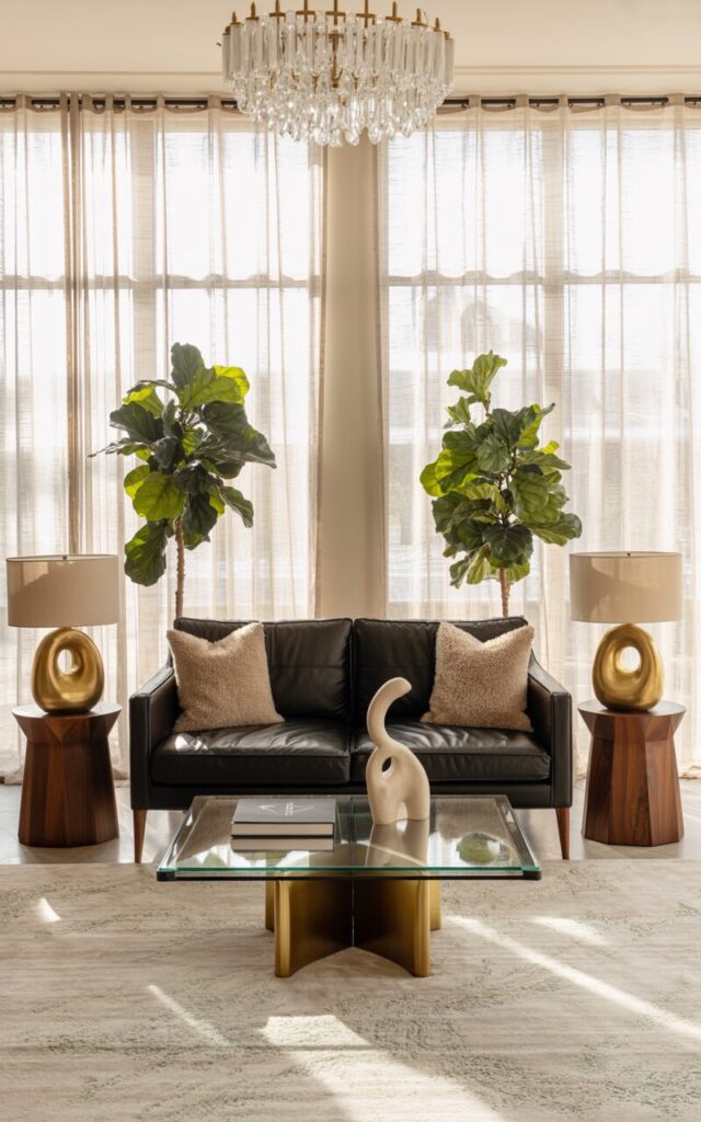 A photograph of a modern glam and alpine chic living room centered around a sleek black leather couch. The couch sits perfectly symmetrical between two identical walnut side tables, each displaying a brushed gold lamp and a small, abstract ceramic sculpture. A plush ivory rug with a subtle silver shimmer grounds the space, complemented by a glass-topped coffee table with gold accents and warm lighting cast from a crystal chandelier hanging above. Large windows draped with sheer linen curtains flood the room with natural light, while strategically placed fiddle-leaf fig trees and cozy, textured throws contribute to the blend of luxury and rustic charm.