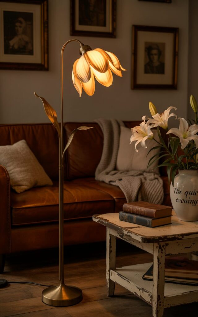 A photograph focuses on a tall, antique brass floor lamp shaped like a blooming flower, illuminating a vintage-style living room. The lamp’s petals curve gracefully, radiating a warm, ambient glow that highlights the rich brown leather couch positioned directly beneath it. The couch is adorned with soft, muted throw pillows and a cozy knit blanket, while a distressed wooden coffee table nearby displays vintage books and a ceramic vase filled with delicate white lilies; "The Quiet Evening" is subtly inscribed on the vase. Aged wood flooring and walls decorated with framed classic artwork complete the nostalgic charm of the dimly lit room, suggesting a peaceful nighttime scene.