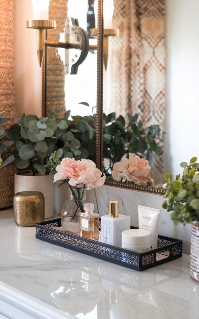 A photo of a bathroom countertop with a glam and boho style. There's a slim decorative tray holding everyday essentials like perfume bottles, skincare jars, and a small vase with fresh flowers. The counter is topped with white marble, reflecting soft light from brass wall sconces mounted beside a large ornate mirror. The surrounding décor includes woven textures, gold accents, and potted greenery, blending bohemian warmth with luxurious glam touches. The overall vibe is chic, inviting, and effortlessly styled.