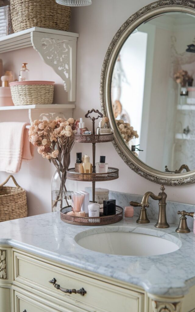 A photo of a glam + cottagecore bathroom with a vintage-inspired vanity, a marble countertop, a round ornate mirror, and soft brass fixtures. There's a 2-3 tiered tray on the countertop holding makeup essentials, perfumes, and small decorative items. The bathroom also has dried flowers in a vase, woven baskets, and pastel-toned accents. The overall atmosphere is organized, stylish, and inviting.