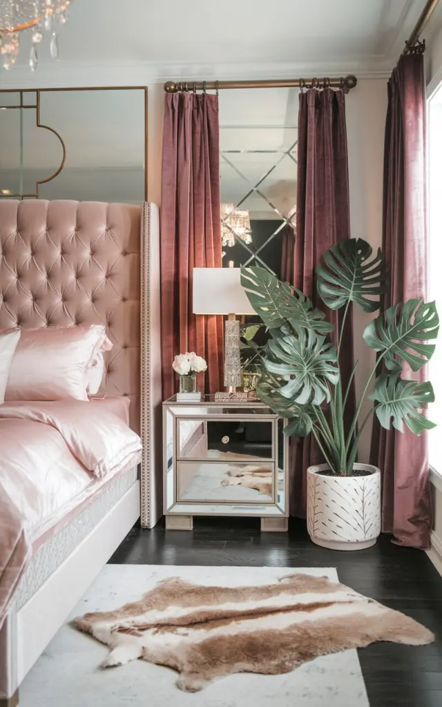 A photo of a Hollywood Glam bedroom with a plush king-sized bed. The bed has a tufted upholstered headboard in blush or deep emerald and is flanked by mirrored nightstands. Luxe velvet drapes cover the windows. In the corner beside the nightstand, a tall, glossy monstera plant sits gracefully in a sleek white ceramic pot with gold detailing. Crystal accents, ambient lighting from a chandelier, and a faux fur rug complete the space, adding starlet-worthy elegance and a touch of natural flair.