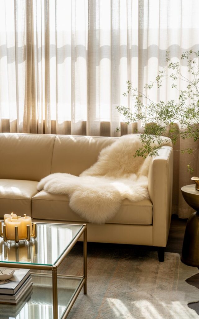 A photograph of a luxurious living room with a focus on a cream-colored leather sofa. The sofa is bathed in soft natural light filtering through sheer linen curtains, and a pristine white sheepskin throw is casually draped over one armrest, contrasting with the smooth leather. A glass and gold-accented coffee table sits before the sofa, adorned with a cluster of lit candles and a stack of art books, while a plush area rug with subtle shimmer grounds the space. Delicate greenery in a sculptural planter sits next to a metallic side table, completing the chic, layered ambiance.