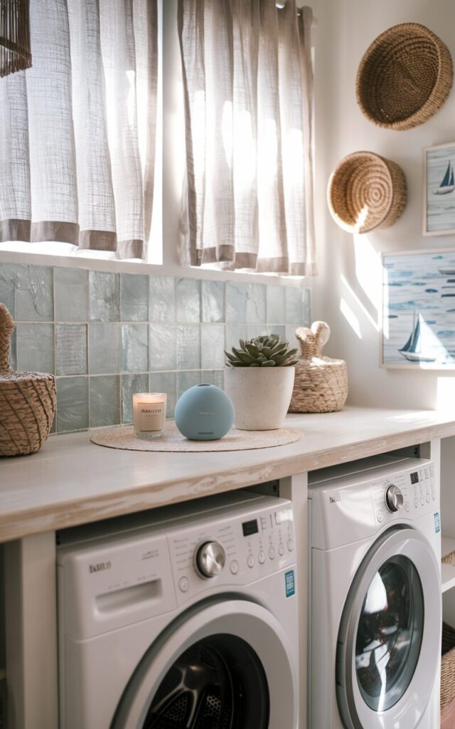 A photo of a coastal California laundry room with a whitewashed wood counter above a pair of sleek white front-load washer and dryer units. On the counter, a small, modern Bluetooth speaker in an ocean blue tone rests beside a potted succulent and a scented candle. Sunlight filters in through sheer linen curtains, reflecting off sea-glass-inspired tiles on the backsplash. Open rattan baskets, woven wall hangings, and coastal artwork with seashells and sailboats complete the scene. The speaker adds a relaxed, beachy vibe—perfect for playing calming playlists or energizing tunes during laundry time.