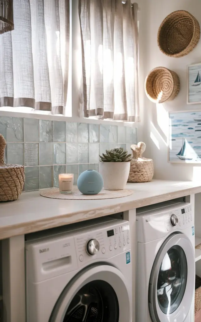 A photo of a coastal California laundry room with a whitewashed wood counter above a pair of sleek white front-load washer and dryer units. On the counter, a small, modern Bluetooth speaker in an ocean blue tone rests beside a potted succulent and a scented candle. Sunlight filters in through sheer linen curtains, reflecting off sea-glass-inspired tiles on the backsplash. Open rattan baskets, woven wall hangings, and coastal artwork with seashells and sailboats complete the scene. The speaker adds a relaxed, beachy vibe—perfect for playing calming playlists or energizing tunes during laundry time.