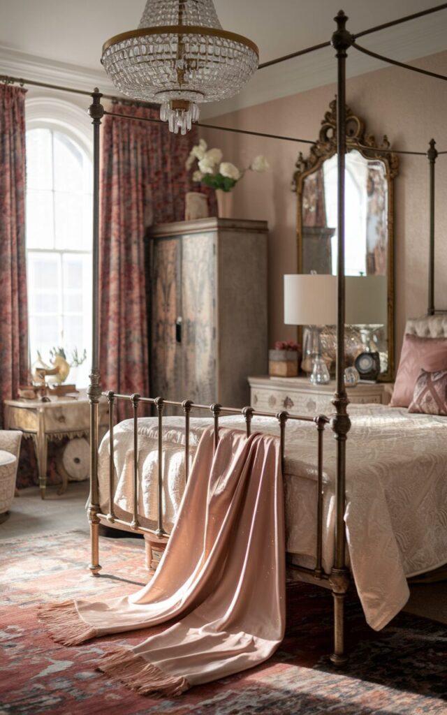 A photo of a luxe glam and vintage bedroom with sophistication and old-world charm. The room contains an antique brass bedframe with a silky throw blanket draped over the footboard. The blanket catches the light, adding shimmer and softness to the space. There is a tall cabinet, side table, vintage chandelier, ornate mirror, and a rug. The room has a palette of blush, cream, gold, and deep jewel tones. The room has natural light that is filtered and soft.
