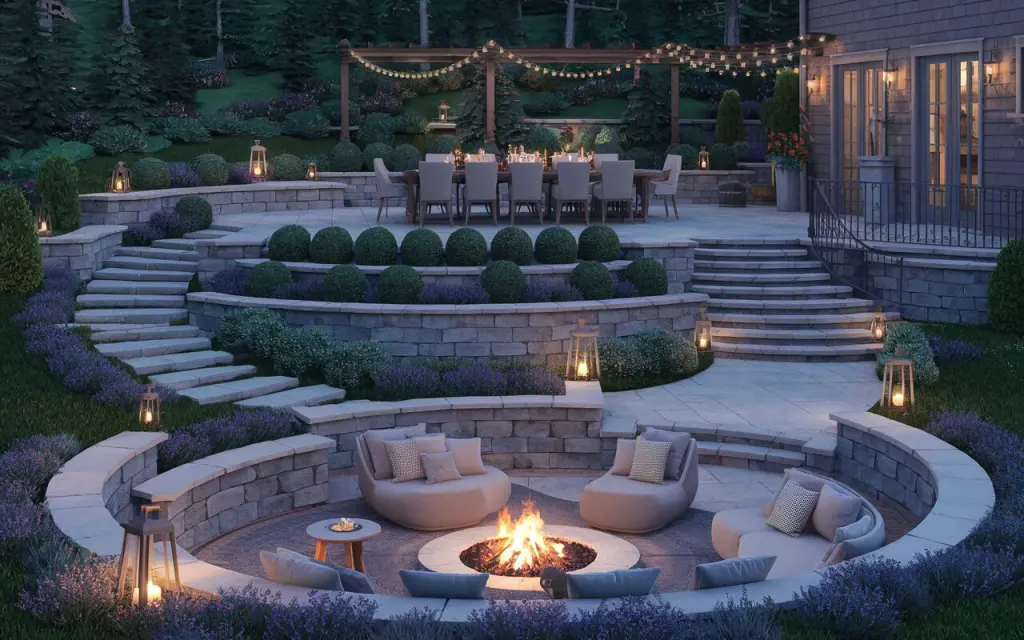 A luxurious cottagecore countryside backyard at night, fully furnished and seamlessly attached to the house. The layered landscaping features multiple levels connected by stone steps, with lush evergreen shrubs, perrenials, lavenders, and manicured topiary adding texture and depth. There are a few plants in pots. The upper patio hosts an elegant dining area with a long wooden table, upholstered chairs, and a centerpiece of candles, softly glowing under a canopy of string lights. A few steps down, a sunken lounge with 2-3 plush outdoor sofas and throw blankets around a firepit. Wrought-iron railings, natural stone walls, and warm timber accents blend rustic charm with refined elegance, while the glow from lanterns and the soft mountain air complete the inviting, magical nighttime ambiance.