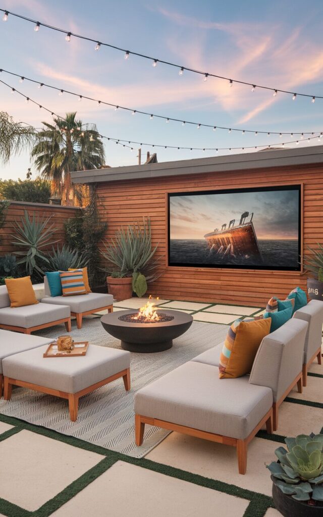 A photo of a mid-century modern backyard patio with a modular seating setup. The seating is arranged in sleek, low-profile sections and can be easily reconfigured for lounging, dining, or movie nights. The setup faces a mini outdoor theatre with a pull-down projector screen showcasing the Titanic movie, framed by warm wood slats. Cushions in retro-inspired geometric prints add pops of mustard, teal, and burnt orange, complementing the clean lines of the teak furniture. A round fire table sits at the center for warmth and ambience. Potted succulents and sculptural plants lend organic texture. Overhead, string lights in a zigzag pattern create a cozy glow, making the space perfect for both casual afternoons and cinematic evenings under the stars.