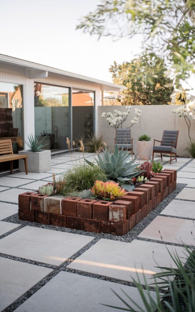 A photo of a mid-century modern backyard with a clean, geometric layout and minimalist landscaping. The focal point is a raised flower bed with weathered reclaimed bricks, filled with sculptural plants like agave, ornamental grasses, and colorful succulents. A teakwood bench sits nearby, paired with a sleek concrete planter and retro-style outdoor chairs. The patio features large pavers with gravel joints. The background includes a low-slung modern home with floor-to-ceiling windows. The scene is bathed in soft afternoon light, exuding a relaxed yet sophisticated vibe.