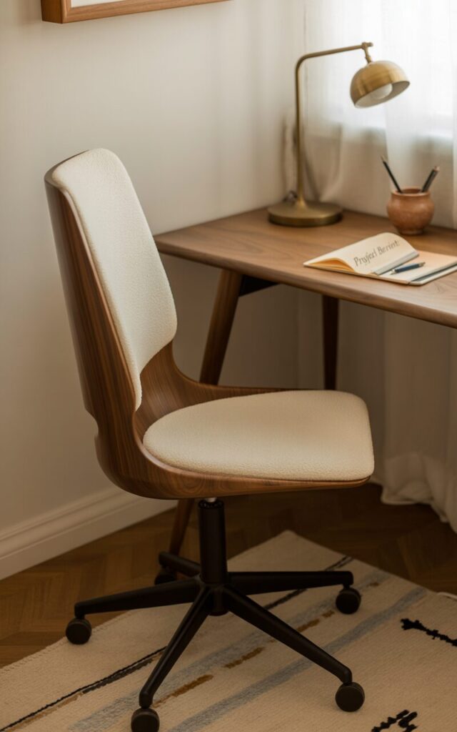 A photograph of a sleek ergonomic chair, prominently placed in a mid-century modern home office nook. The chair boasts a sculpted walnut frame, a matte black base, and plush ivory upholstery, inviting a sense of comfort and style, with the adjustable height and lumbar support visible. Beneath the chair, a minimalist walnut writing desk holds a brass desk lamp, a ceramic pencil holder, and a small notebook open to "PROJECT BLUEPRINT", resting on a low-pile rug with subtle geometric patterns. Soft natural light filters through a nearby window, gently illuminating the space and highlighting the warm, intentional design of the corner.