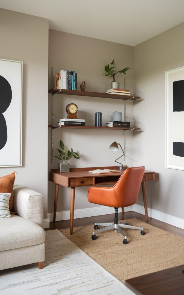 A photo of a mid-century modern home office smartly zoned in a corner of a stylish living room. The workspace includes a walnut writing desk with sleek, tapered legs and a leather swivel chair in burnt orange. Above the desk, minimalist floating shelves display books, a vintage clock, and a small planter. The surrounding living room features neutral walls, a low-profile sofa, and abstract art. The distinct rug and wall color clearly define the work zone, making it both functional and aesthetically cohesive.