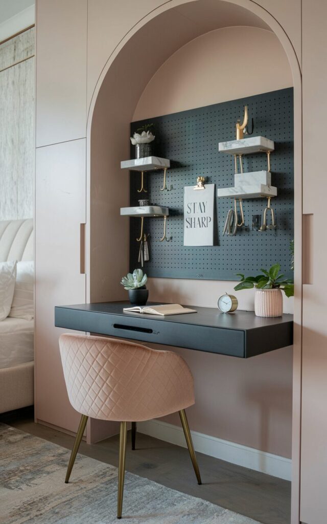 A photo of a minimalistic home office with Art Deco flair. The room has a sleek, matte-black pegboard mounted above a slim, lacquered writing desk. Gold hooks and marble-accented mini shelves hold essential tools, a small clock, and a chic planter. A stylish quote card—“Stay Sharp”—is clipped at eye level. The workspace features a velvet-upholstered chair in soft blush, with brass legs echoing Art Deco glamour. The room is elegantly integrated beside a modern bed. The floor has a rug.