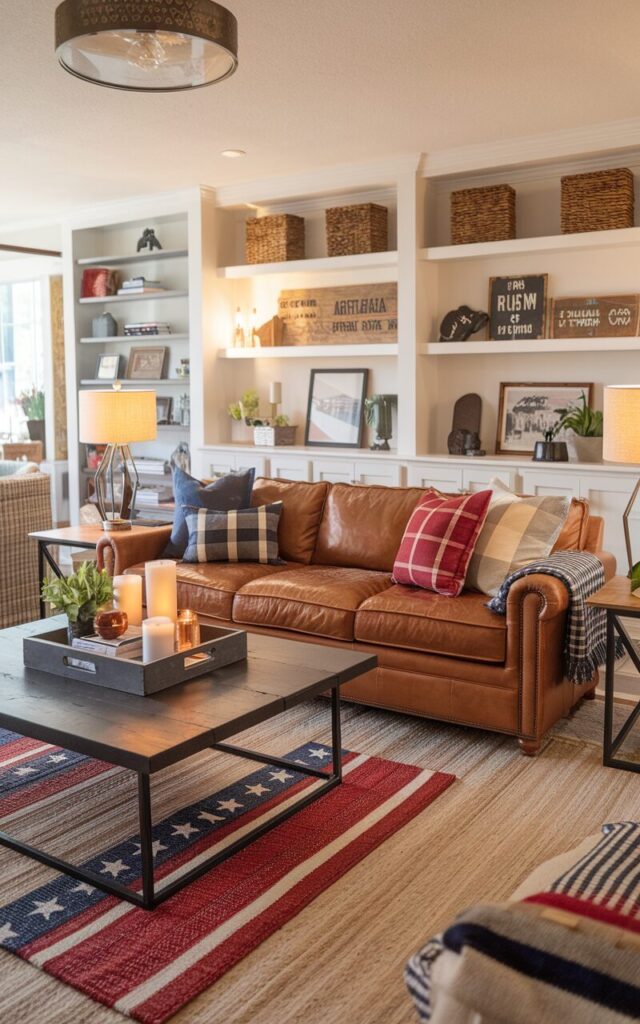 A photo of a modern Americana style living room. The room has a large neutral-toned base rug with a smaller, vibrant patterned rug placed on top. There is a comfortable leather couch adorned with throw pillows in plaid, stripes, and solid colors. A sturdy wooden coffee table holds a decorative tray with candles, a stack of books, and a small potted plant. The room also features a media console, open shelving with Americana-inspired décor like vintage signs, framed photographs, and woven baskets. Warm lighting from table lamps and a statement ceiling fixture adds a cozy glow. The room has an American flag-inspired color palette in accents and textiles.