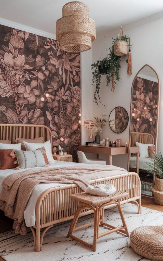 A photo of a modern Boho-chic bedroom with a bold peel-and-stick wallpaper accent wall behind the headboard. The wall features a blend of floral and tribal patterns in earthy tones and muted pinks. The bed has a natural rattan frame and is layered with textured bedding, tasseled throws, and eclectic pillows. A sleek vanity with a round mirror and a rattan stool sits to one side, styled with makeup, candles, and dried florals. Across the room, a full-length arched mirror with a rustic wood frame leans against the wall. The room also features woven baskets, hanging planters, and string lights.