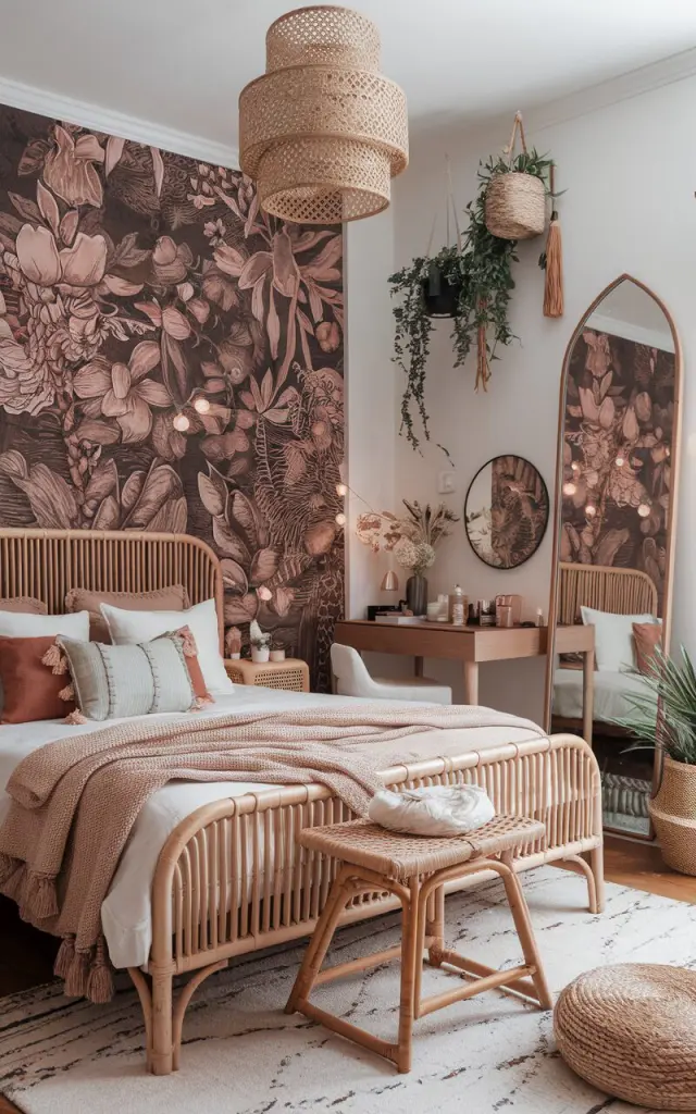 A photo of a modern Boho-chic bedroom with a bold peel-and-stick wallpaper accent wall behind the headboard. The wall features a blend of floral and tribal patterns in earthy tones and muted pinks. The bed has a natural rattan frame and is layered with textured bedding, tasseled throws, and eclectic pillows. A sleek vanity with a round mirror and a rattan stool sits to one side, styled with makeup, candles, and dried florals. Across the room, a full-length arched mirror with a rustic wood frame leans against the wall. The room also features woven baskets, hanging planters, and string lights.