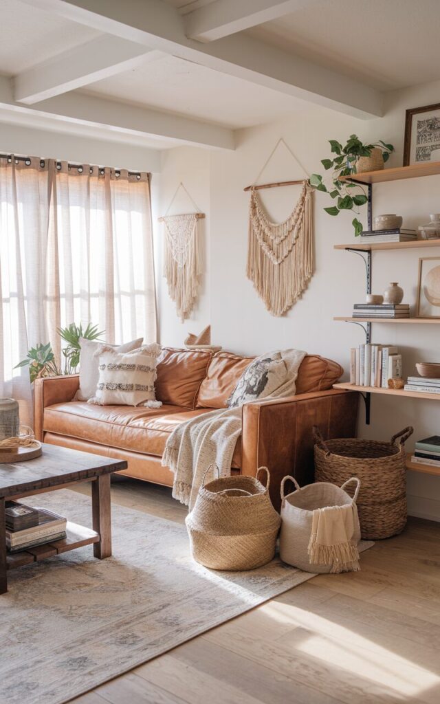 A photo of a modern Boho + cottagecore living room with a warm brown leather couch, layered with cozy throw blankets and patterned accent pillows. Near the couch, there are 2-3 woven baskets in natural rattan and seagrass for storage and texture. The space has light-toned wood flooring, a soft patterned area rug, open shelving with a mix of books, ceramics, and potted greenery, and airy curtains filtering natural sunlight. Rustic touches like a reclaimed wood coffee table and vintage-style framed wall art blend seamlessly with boho details such as macramé wall hangings, layered textiles, and soft neutral hues, creating a cozy yet stylish atmosphere.