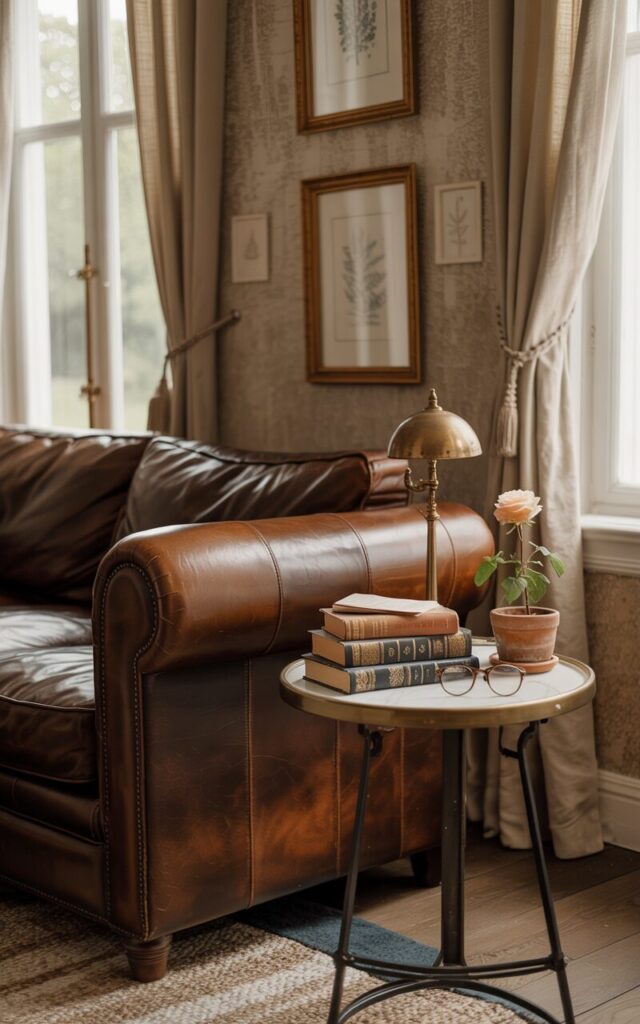 A photograph of a cozy modern English countryside living room centered around a plush, dark brown leather arm roll couch. On a small, circular side table beside the couch sit several well-worn books with gold-leaf titles and intricate designs, alongside a vintage brass table lamp and a small potted rose in a terracotta pot, next to a pair of reading glasses. The room features textured beige walls adorned with elegantly framed botanical prints, a soft wool area rug beneath the table, and natural light softly filtering through linen curtains draped across large windows. Warm, diffused light creates a sense of tranquility and invites relaxation.