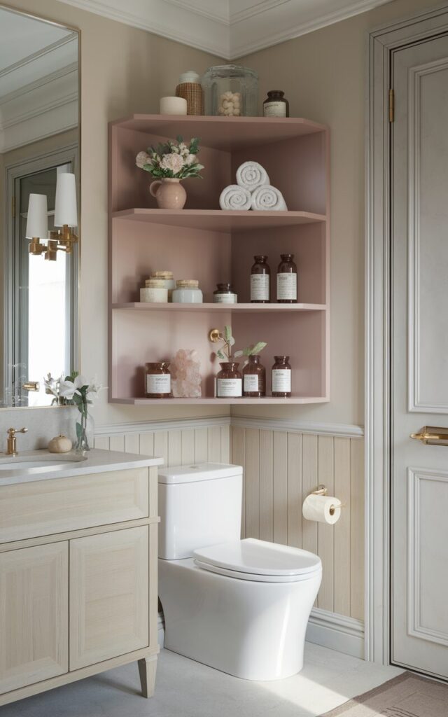 A photo of a modern Gustavian bathroom with a corner shelf installed above the toilet. The shelf is painted in a muted pastel shade and holds a mix of decorative items and essentials, such as rolled white towels, a small ceramic vase with fresh flowers, scented candles, and glass jars of bath salts. The bathroom features a vanity, light wood accents, a neutral color palette, and elegant wall paneling. The room is illuminated by soft natural light.