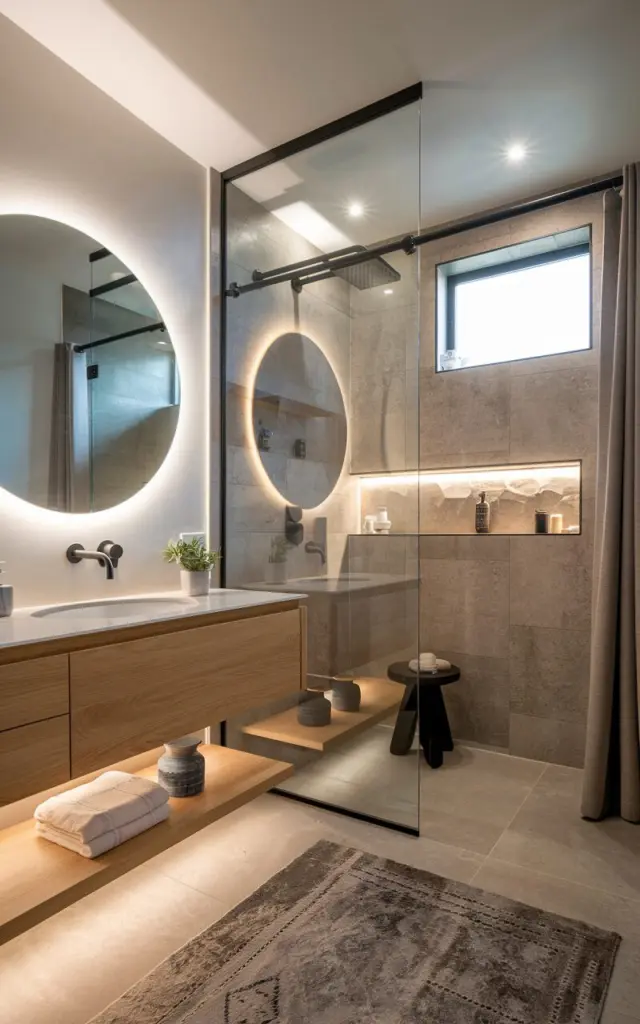 A photo of a modern Japandi + chic fully furnished bathroom with a sleek floating vanity, a round backlit mirror, and subtle décor pieces like ceramic jars and small potted greenery in the dry area. The shower area has frameless glass panels with textured stone tiles, a rainfall showerhead, a stool, and a small curtained window. The bathroom also features LED strip lights placed under floating wooden shelves in the dry area and inside a recessed shelf in the shower area. The design blends minimalist Japanese lines with Scandinavian warmth, showcasing light oak wood, matte black fixtures, and soft neutral tones. The lighting creates a calm, spa-like glow throughout the space. The floor has an area rug, and the ceiling has recessed LED lights.