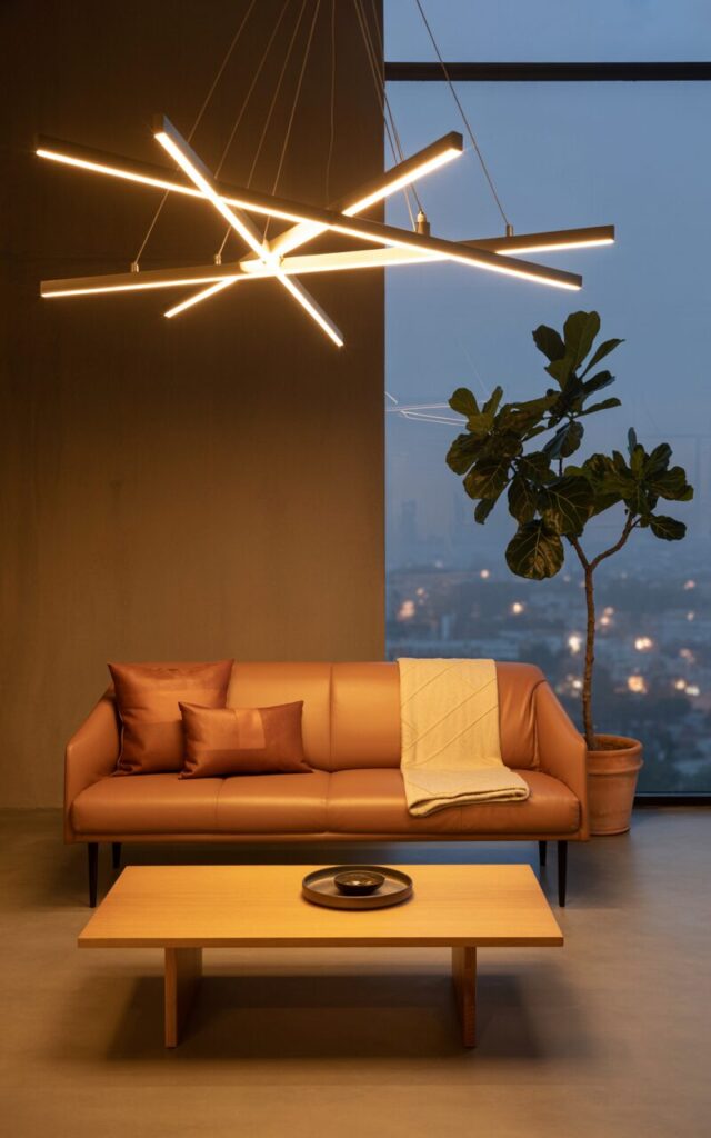 A photograph of a modern Japandi style living room bathed in the soft glow of evening. A sleek, dove-grey leather sofa sits centrally, its surface adorned with three square accent pillows in varying shades of terracotta, and a folded cream-colored throw blanket. Suspended above is a sculptural chandelier featuring intersecting brass lines and diffused warm LED lights, casting geometric patterns onto the polished concrete floor and highlighting a low, rectangular coffee table crafted from pale oak. A single fiddle-leaf fig tree in a terracotta pot stands in the corner, its leaves reaching towards a large window showcasing the blurred lights of a distant cityscape.