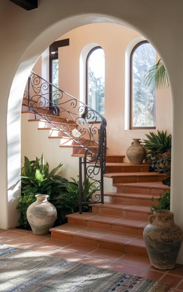 A photo of a modern Mediterranean-style home with a bold, elegant archway framing a staircase leading up to a room. The staircase has warm terracotta tile treads and wrought iron railings with intricate scrollwork. Sunlight streams through nearby arched windows, casting soft shadows that enhance the Mediterranean warmth. The surrounding area is decorated with rustic pottery, textured rugs, and lush greenery, creating an inviting transition between spaces.