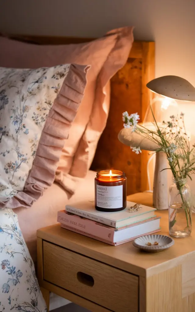 A photo of a modern cottagecore bedroom with a wooden nightstand placed thoughtfully beside a cozy bed dressed in soft floral bedding and ruffled linen pillows. The nightstand holds a small stack of well-loved hardcover books, a soy candle in a vintage-inspired glass jar, and a delicate ceramic dish holding a few dainty gold earrings. A tiny vase with freshly picked wildflowers adds a natural touch. The space is lit with warm, ambient light from a mushroom-style lamp. The overall vibe is dreamy, slow-living, and gently whimsical, blending modern function with romantic cottage charm.