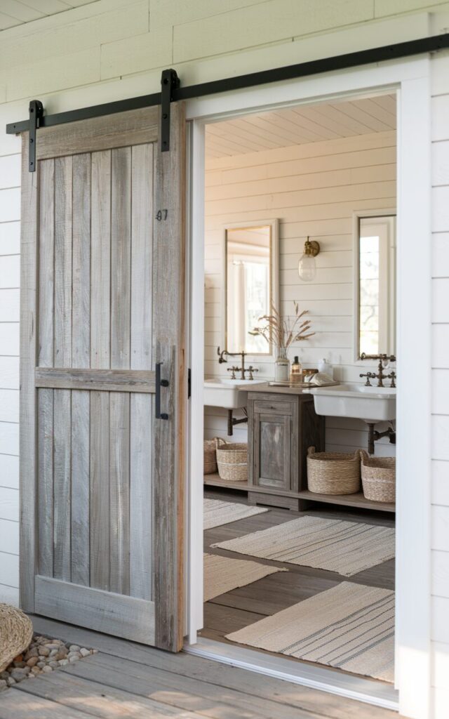 A modern farmhouse fully furnished bathroom viewed from outside, featuring a sliding door as the entrance. The door is made of reclaimed wood with black metal hardware, complementing the white shiplap walls and rustic wooden vanity inside. Through the slightly open door, you can see a farmhouse sink, vintage brass fixtures, woven baskets, and soft neutral rugs on the weathered wood floor. Natural light filters in, creating a warm, inviting, and stylishly functional farmhouse vibe.