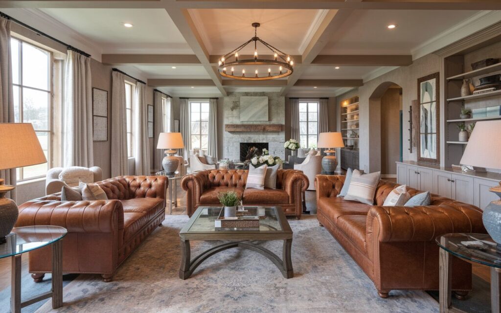 A photo of a modern posh English countryside farmhouse style open living room. The room has a gorgeous leather couch in rich, warm brown with deep tufting and rolled arms. The space is fully furnished with a glass top wooden coffee table, a plush patterned area rug, and matching side tables with ceramic lamps. There are large windows framed with light linen curtains, a stone fireplace with a wooden mantel, and open shelving. The ceiling has a vintage chandelier with warm light. The room has rustic beams, neutral-toned walls, and polished finishes.