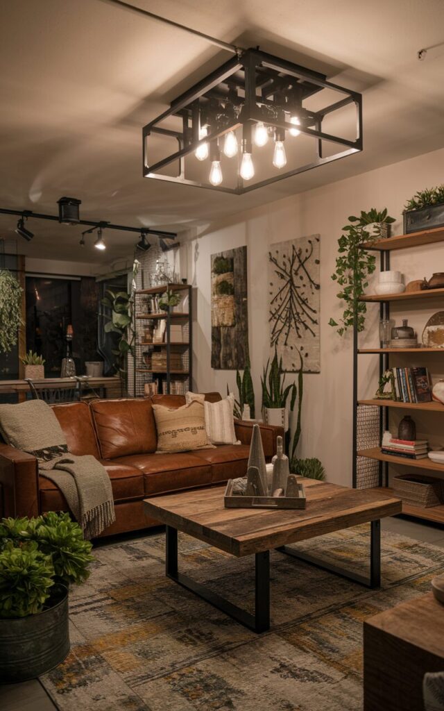 A photo of a modern rustic living room at night. The room is fully furnished and well-decorated. The focal point is a rich brown leather couch. An industrial-style ceiling lighting fixture with exposed Edison bulbs and matte black metal framing is overhead. The space includes a reclaimed wood coffee table, a textured area rug in earthy tones, and open shelving with a mix of books, ceramics, and small plants. Additional touches such as a cozy throw on the couch, potted greenery in metal planters, and wall art with nature-inspired themes complete the stylish yet inviting modern rustic ambiance. The only light in the room comes from the pendant light.
