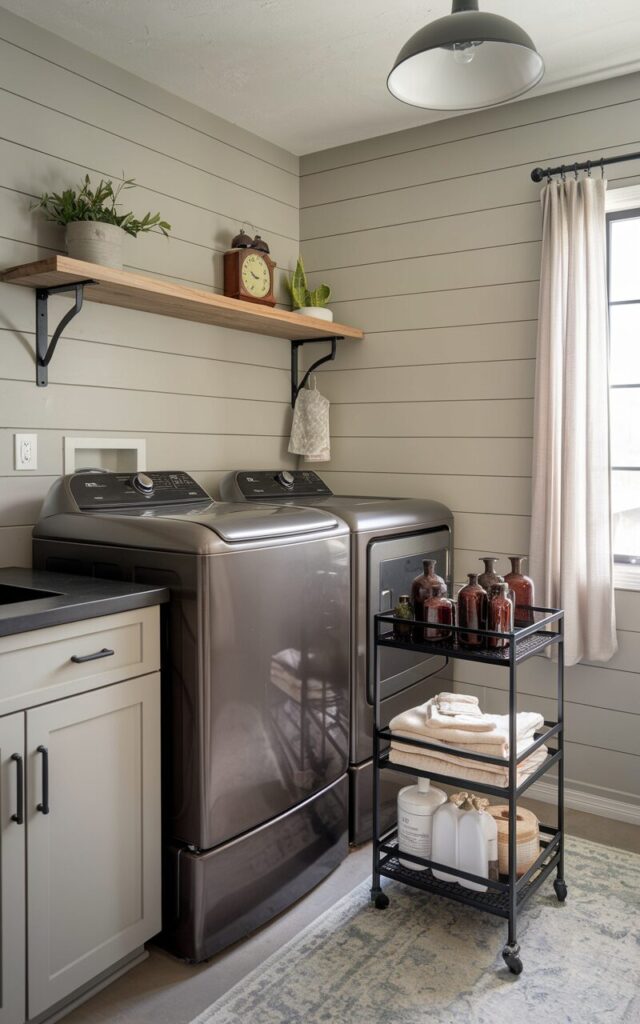 A photo of a modern rustic laundry room with a matte black washer and dryer set. There is a slim metal pull-out cart between the machines, stocked with amber bottles, folded cloths, and labeled jars for detergent and dryer sheets. The room has shiplap walls painted in soft greige, black iron hardware, and a reclaimed wood floating shelf above the machines holding a small plant and vintage clock. The space also has a countertop with a sink, area rug, a curtained window, and a ceiling pendant light. Natural light is soft.