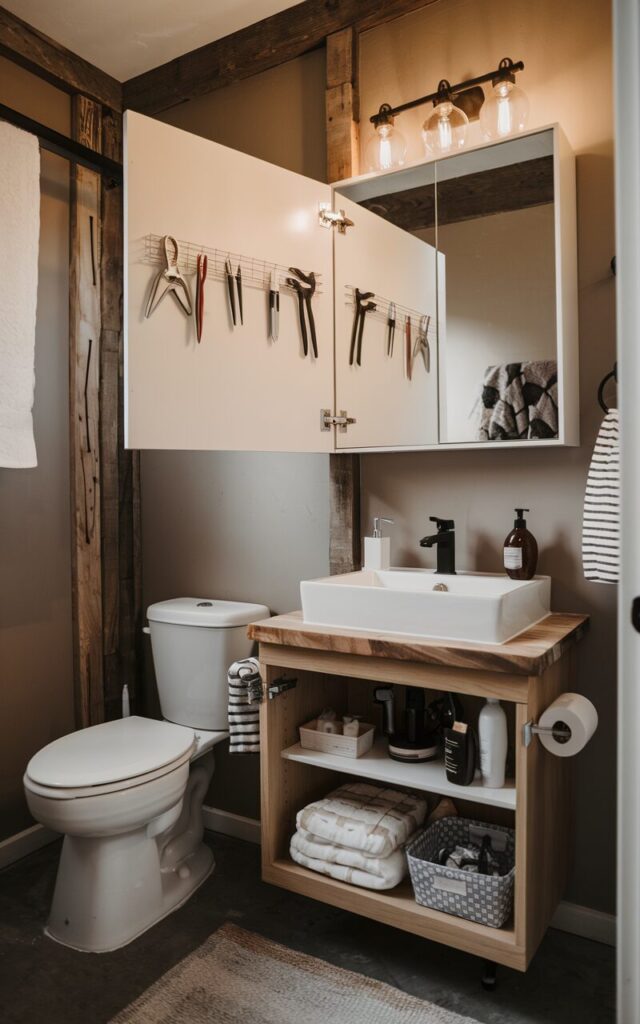 A photo of a modern rustic small bathroom with a magnetic strip installed inside a medicine cabinet above a wooden vanity. The strip holds tweezers, nail clippers, and bobby pins, keeping them organized and easily accessible. The cabinet also contains soaps and shampoos. The bathroom has exposed wood accents, matte black fixtures, a neutral-toned walls, a toilet, and a floor rug. Warm, soft lighting highlights the functional storage solution while maintaining a cozy, rustic-chic vibe in the compact space.
