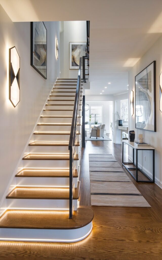 A photo of a modern transitional-style house hallway with a staircase outlined with sleek LED strip lights along the edges of each step. The treads are rich walnut wood, paired with crisp white risers and a simple black metal railing. The walls along the stairs have geometric wall sconces and framed art. The hallway is fully furnished with minimalist console tables, contemporary artwork, and soft area rugs leading toward a bright, open living room. The LED lighting casts a subtle glow, adding both safety and a touch of modern elegance to the transitional design.