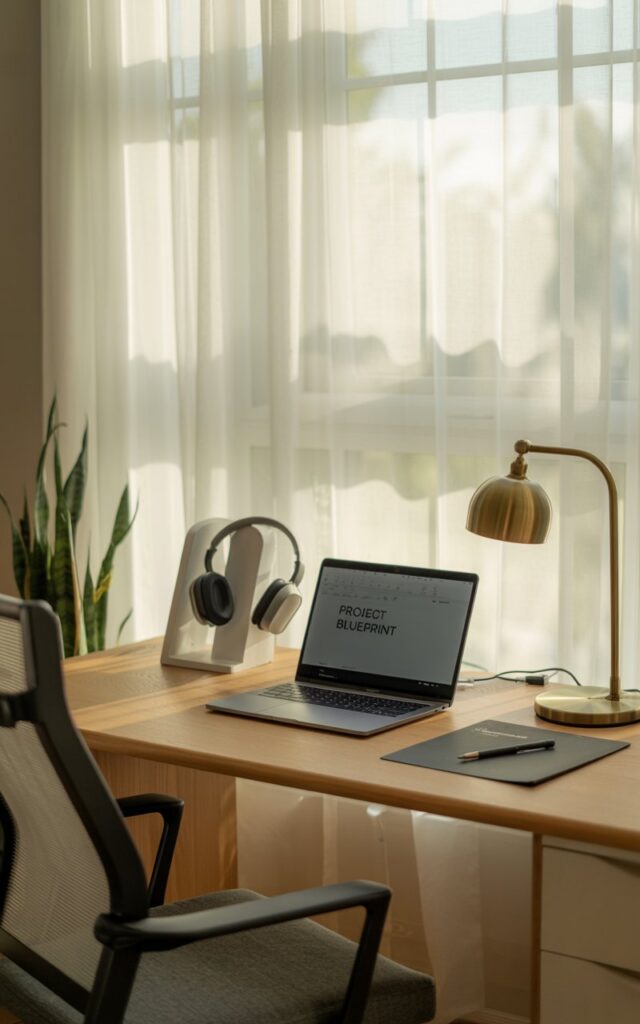 A photograph of a bright and airy modern transitional home office set-up, centered around a sleek wooden desk positioned near a large window. On the desk sits an open laptop displaying "PROJECT BLUEPRINT" a black writing notepad and pen, and a pair of noise-canceling headphones resting neatly beside a stylish brass desk lamp. Sheer white curtains gently filter the morning sunlight, casting soft shadows across the room and highlighting a comfortable grey office chair, while a potted snake plant adds a touch of greenery to the space. The overall atmosphere is cozy, practical, and inviting, filled with a sense of calm productivity.