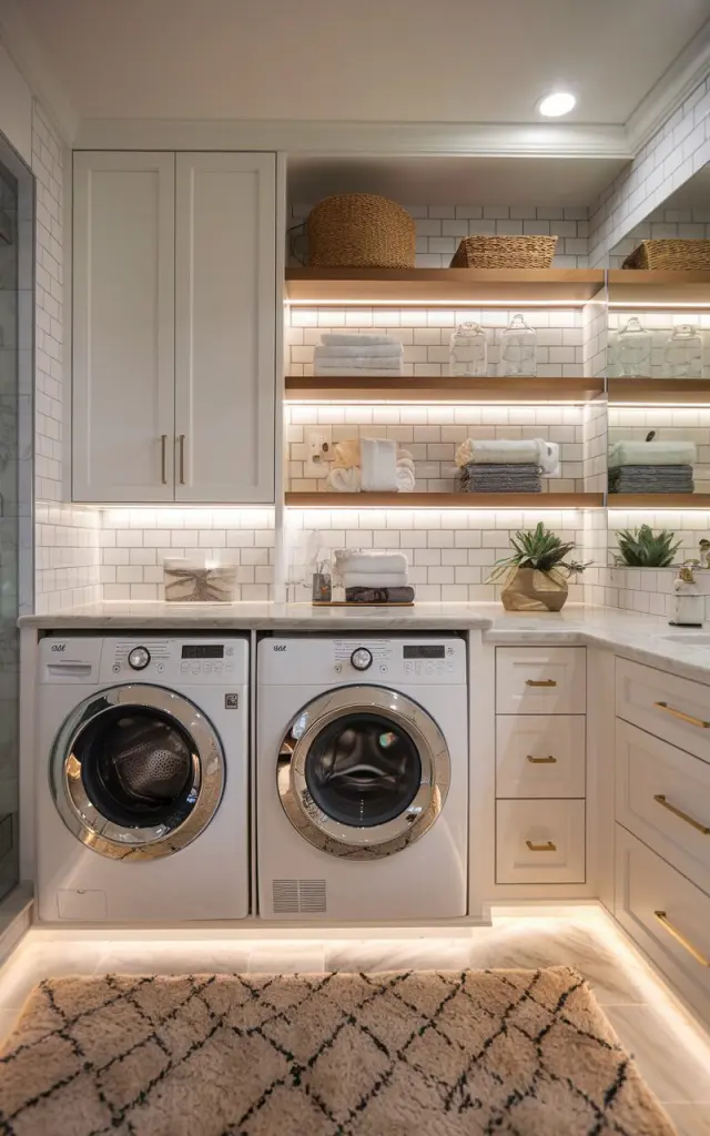 A night-time photo of a transitional-style bathroom with an integrated laundry nook. The space has a front-loading washer and dryer built into custom cabinetry with white shaker-style doors and brass handles. Above the washer and dryer, open wooden shelves hold folded towels, glass jars, and woven baskets. Soft LED strip lights glow warmly beneath the bottom shelf, casting a cozy light onto the countertop workspace. The bathroom features a mix of modern fixtures and classic touches—subway tile backsplash, marble countertops, and brushed gold accents. A plush neutral rug and a small indoor plant add warmth and comfort to the shared space.