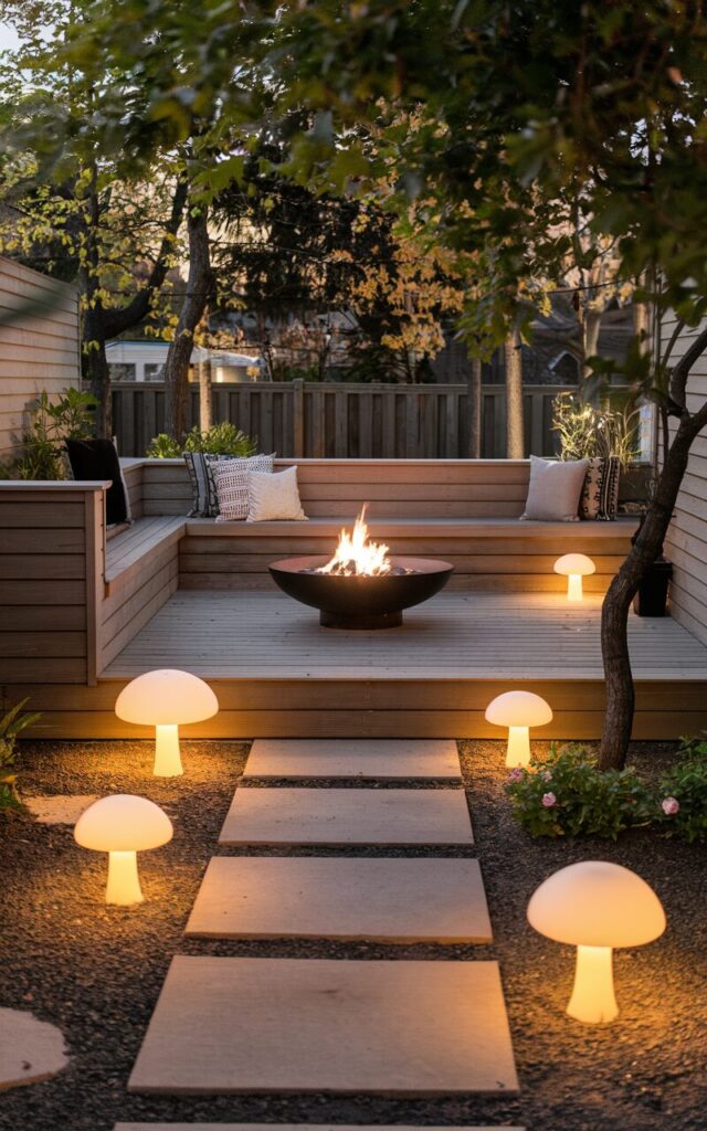 A photo of a Japandi-style backyard patio with a glam touch. The patio has a wooden deck with built-in seating, a fire pit, and a few potted plants. There's a path with mushroom-shaped LED pathway lights leading to the patio. The background contains a few trees and a fence. The photo has a warm, soft glow from the lighting.