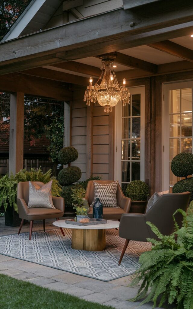 A photo of a backyard patio in a glam + mid-century modern style with a Victorian touch. The patio is attached to a house and has wooden beams. There is a small vintage-style chandelier with ornate metalwork and crystal drops hanging above the seating area, casting a warm, romantic glow. The seating area has sleek mid-century chairs with tapered wooden legs and a low marble coffee table. There are plush patterned cushions, potted ferns, and manicured topiaries. There is a patterned outdoor rug. The photo is taken at night.