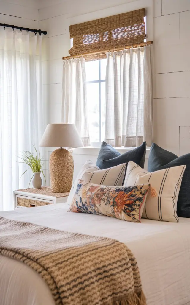 A photo of a breezy, sunlit California coastal bedroom with whitewashed walls, natural wood accents, and gauzy curtains fluttering in the ocean breeze. The queen size bed is styled casually with a collection of 4-5 mismatched pillows in varying sizes and textures — think linen, cotton, and jute in tones of blue, sandy beige, terracotta, and ivory. Patterns include subtle stripes, bright florals, and geometric prints, creating a relaxed, layered look. The nightstand holds a seashell lamp and a small vase with beach grass. Woven elements and driftwood details complete the effortless coastal vibe, blending beachy charm with artistic flair.